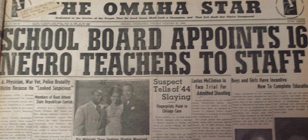 Scan of Omaha Star Newspaper with headline School Board Appoints 16 Negro Teachers to Staff